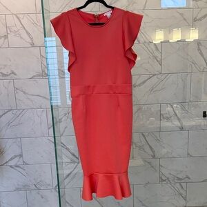 VENUS Coral Midi Dress with Ruffle Sleeves